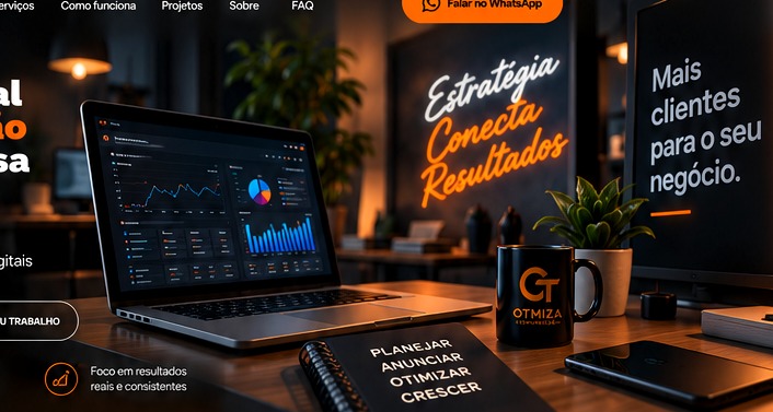 Ambiente de marketing digital com notebook e painéis